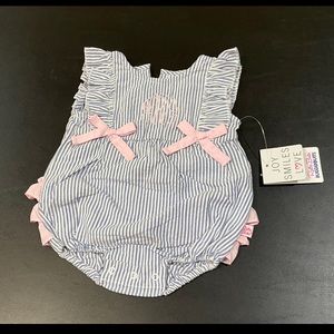 Ruffle Butts Blue Seersucker Ruffle Romper 0-3 months Monogrammed JHJ